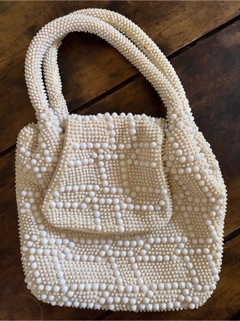 John Wind Vintage 1960s 70s Beaded Handbag Ivory Cream Pearl Bead Hong Kong